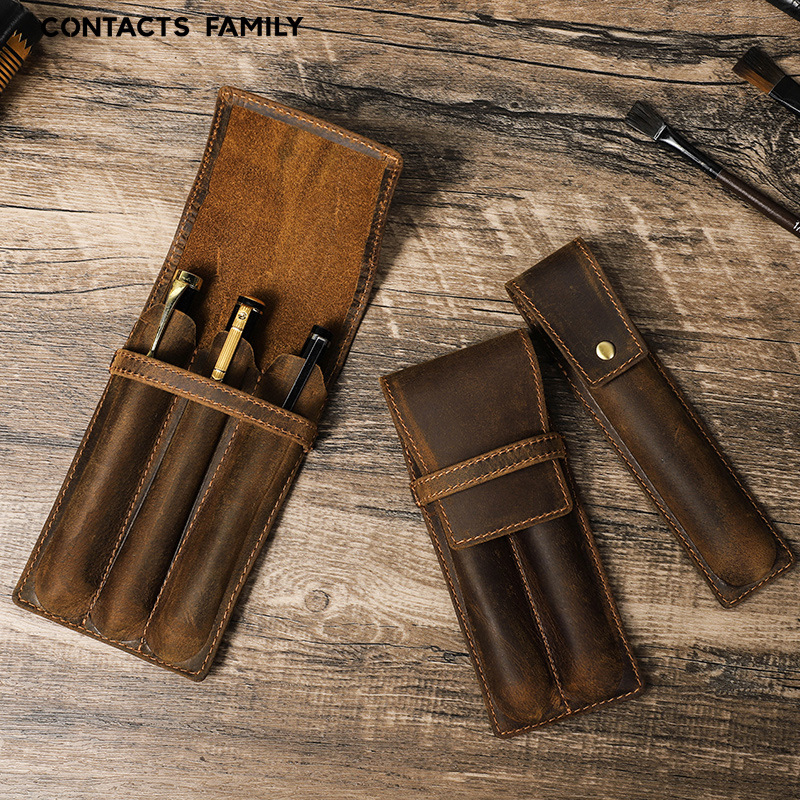 Leather Fountain Pen Case 3 Slots Pouch - Vintage Crazy Horse Leather Pen Case
