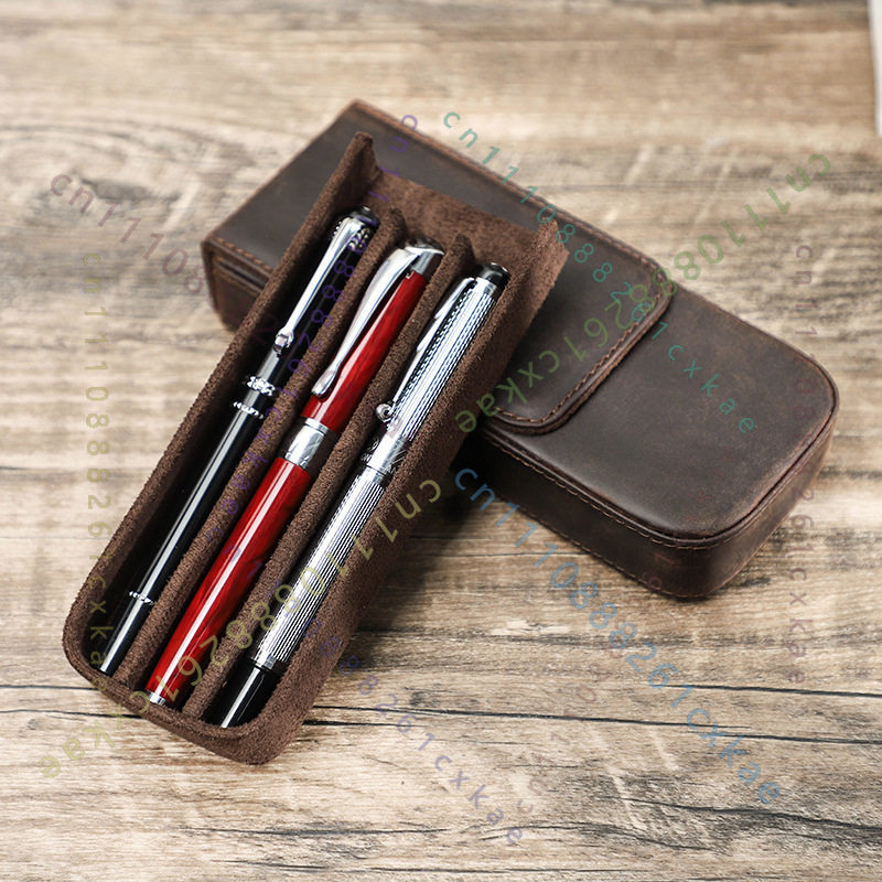 Leather Fountain Pen Case 3 Slots Pouch - Vintage Crazy Horse Leather Pen Case,