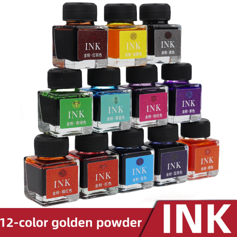 Glass Dip Pen Calligraphy Ink Set - 12-Color Shimmering Gold Powder Glass Dip