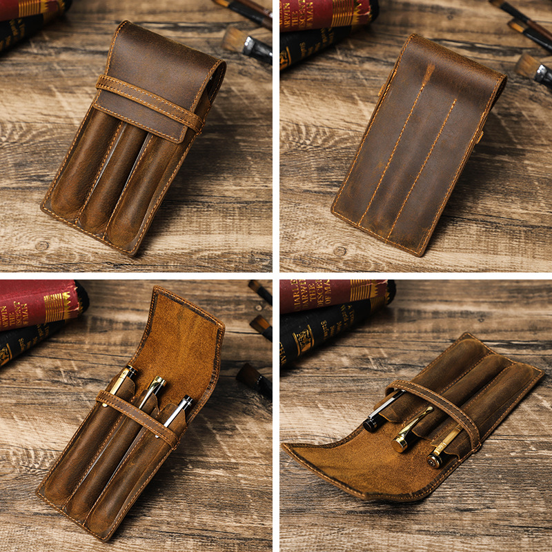 Vintage Crazy Horse Leather Pe - огляд і ціна Leather Fountain Pen Case 3 Slots Pouch